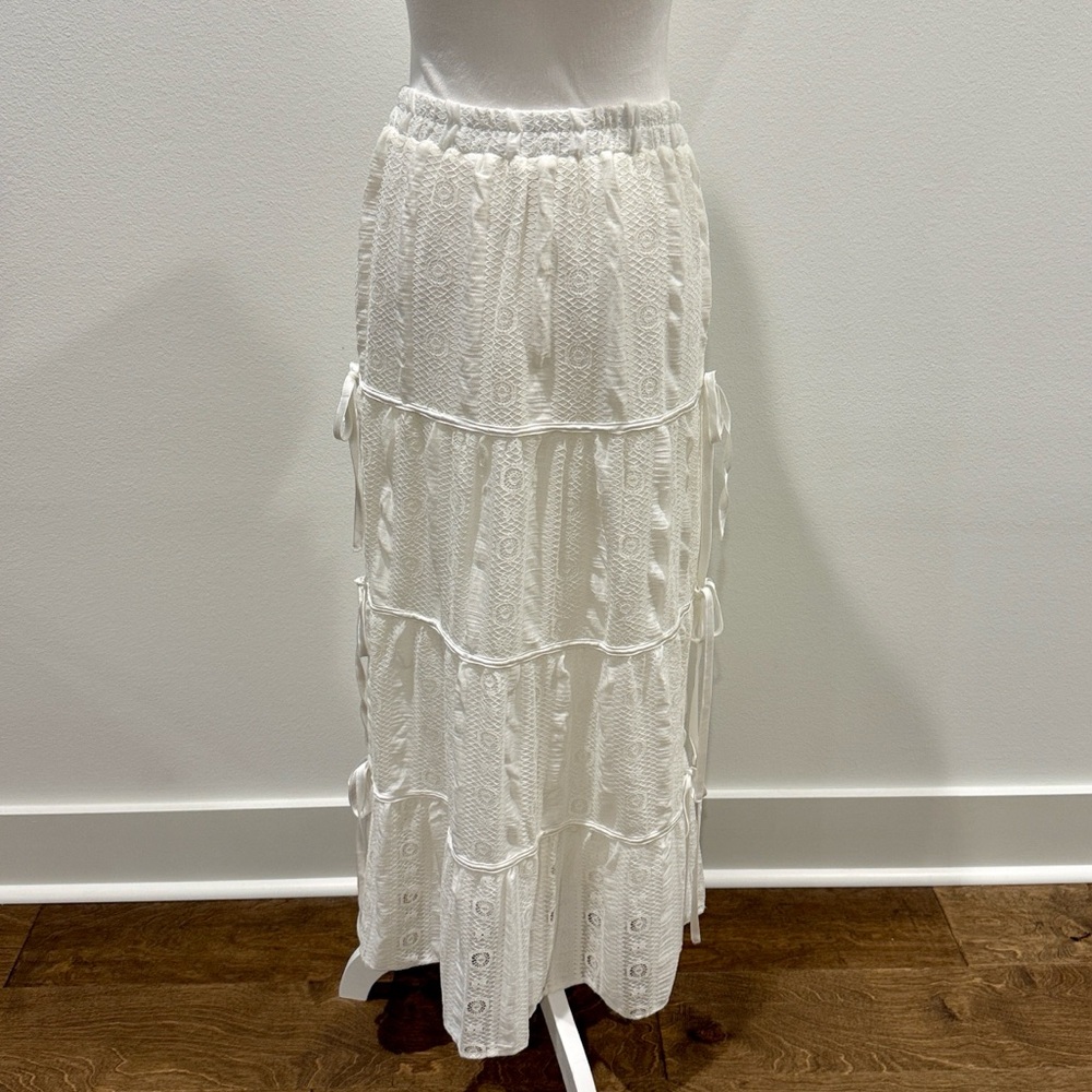 ❗️SOLD❗️Main Strip White Lace Lined Midi Skirt Elastic Waist Country Rodeo - Picture 14 of 15